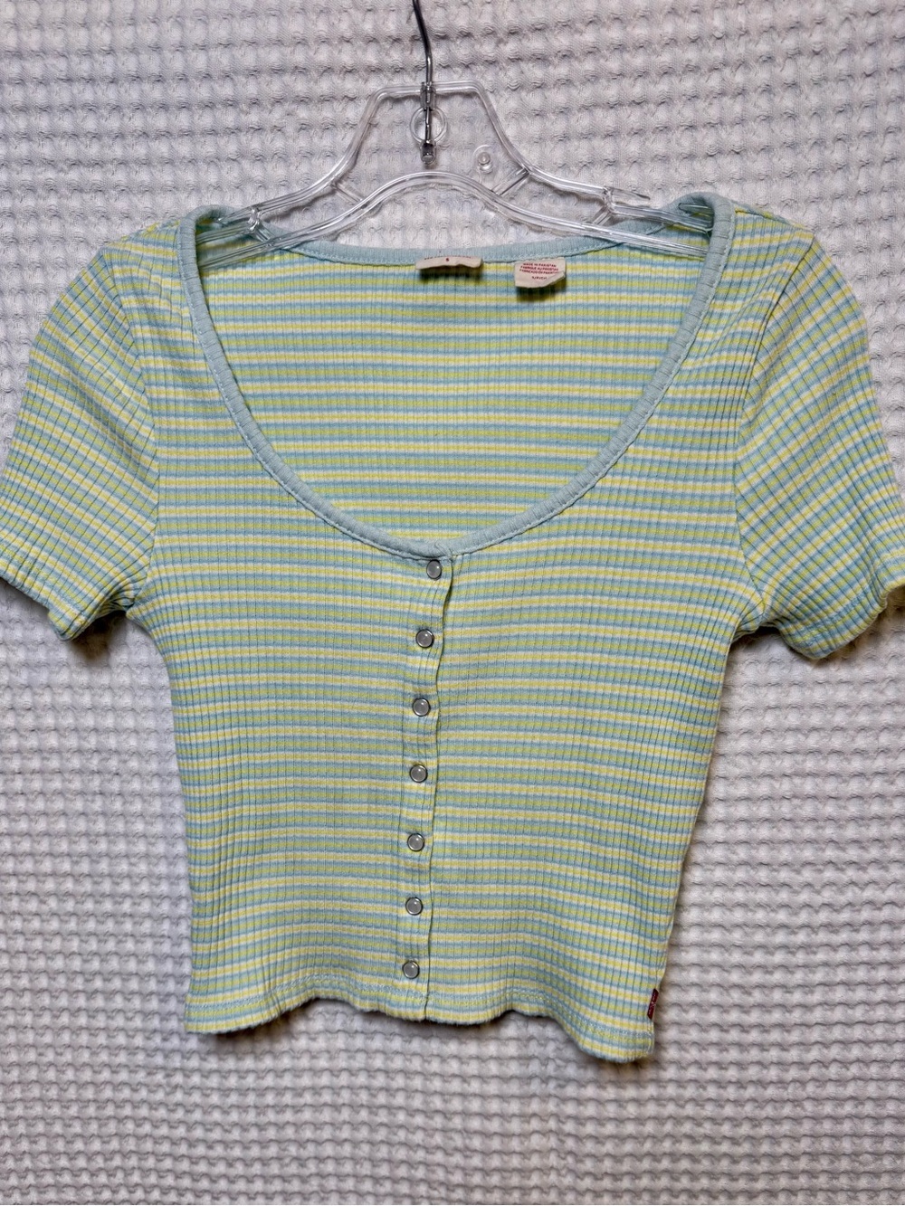 Levi's Green and Blue Striped Button-Front Scoop Crop Tee